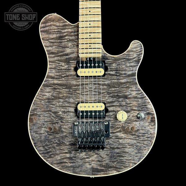 Front of Ernie Ball Music Man 30th Anniversary Axis Translucent Black Quilt.