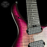 Front detail of Ernie Ball Music Man Majesty 8 Select Strawberry Moon EB.