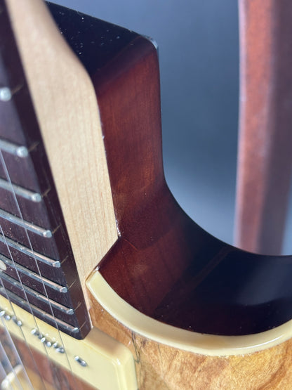 Finish crack at neck joint of Used Michael Kelly 59 Thinline Spalted Maple.