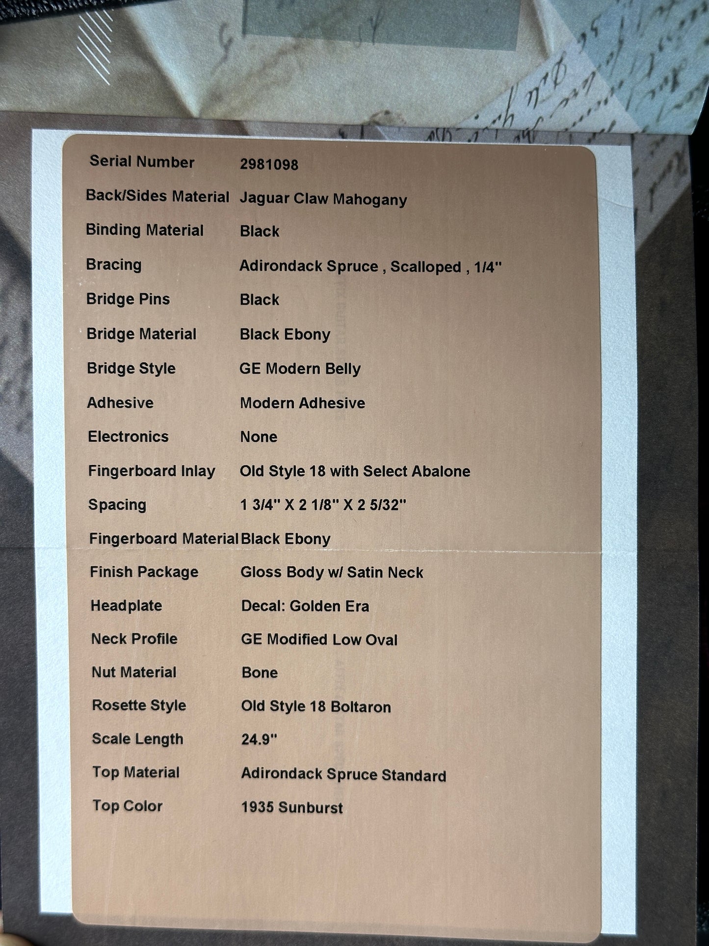 Spec sheet for Martin Custom Shop 000 14-Fret Jaguar Claw Mahogany Sunburst.