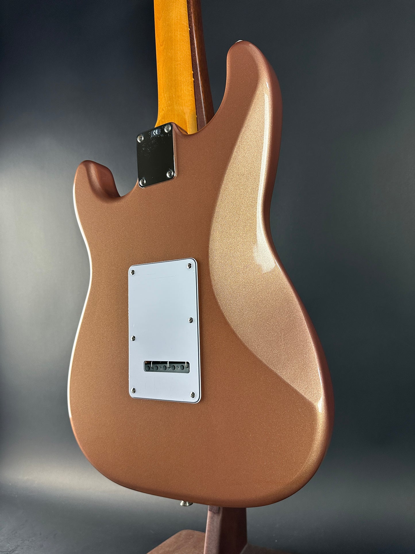 Back angle of Used 1999 Fender Classic 60s Stratocaster Burgundy Mist.