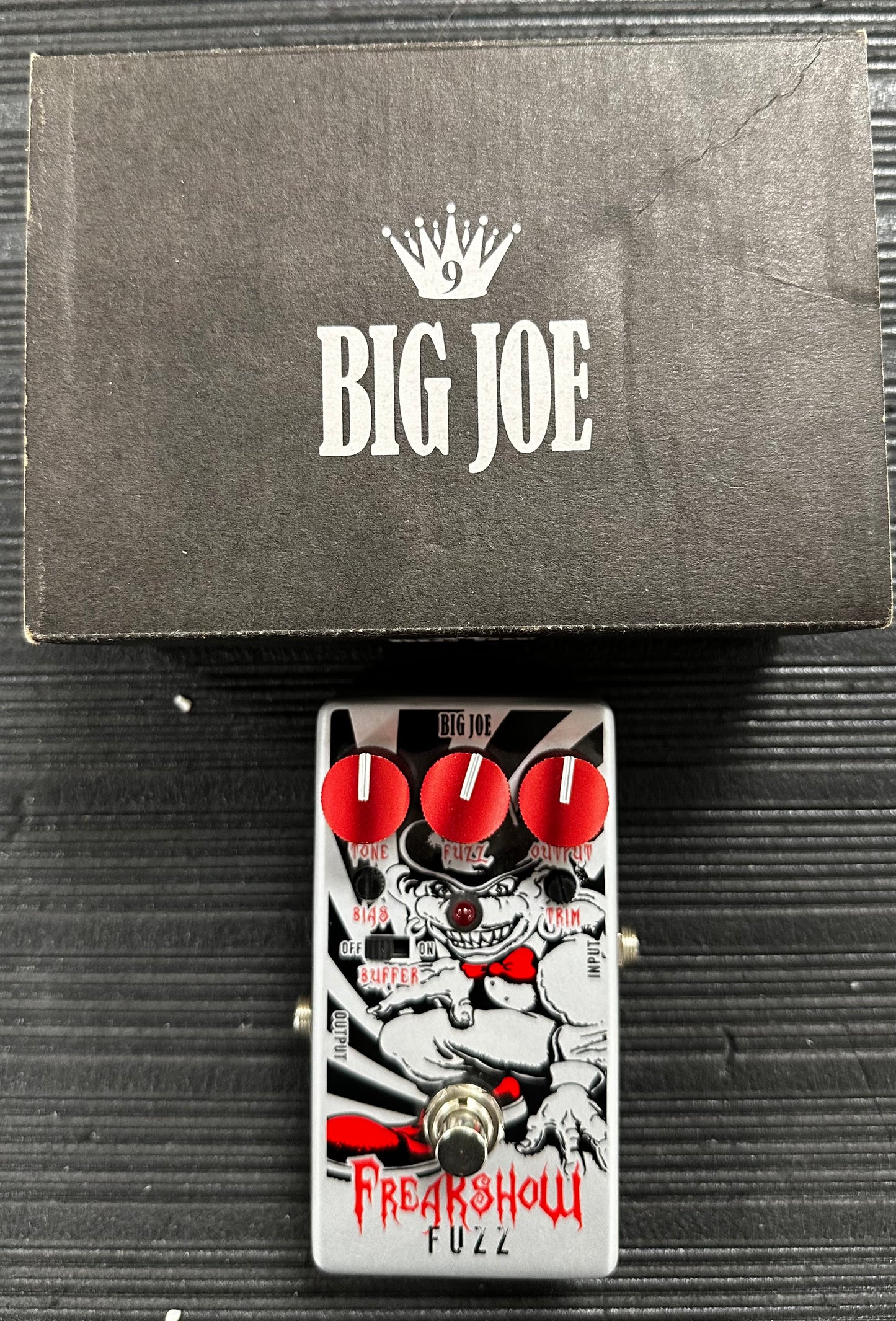 Box and pedal view of Used Big Joe Stomp Box Co Freak Show Silicon Fuzz Pedal