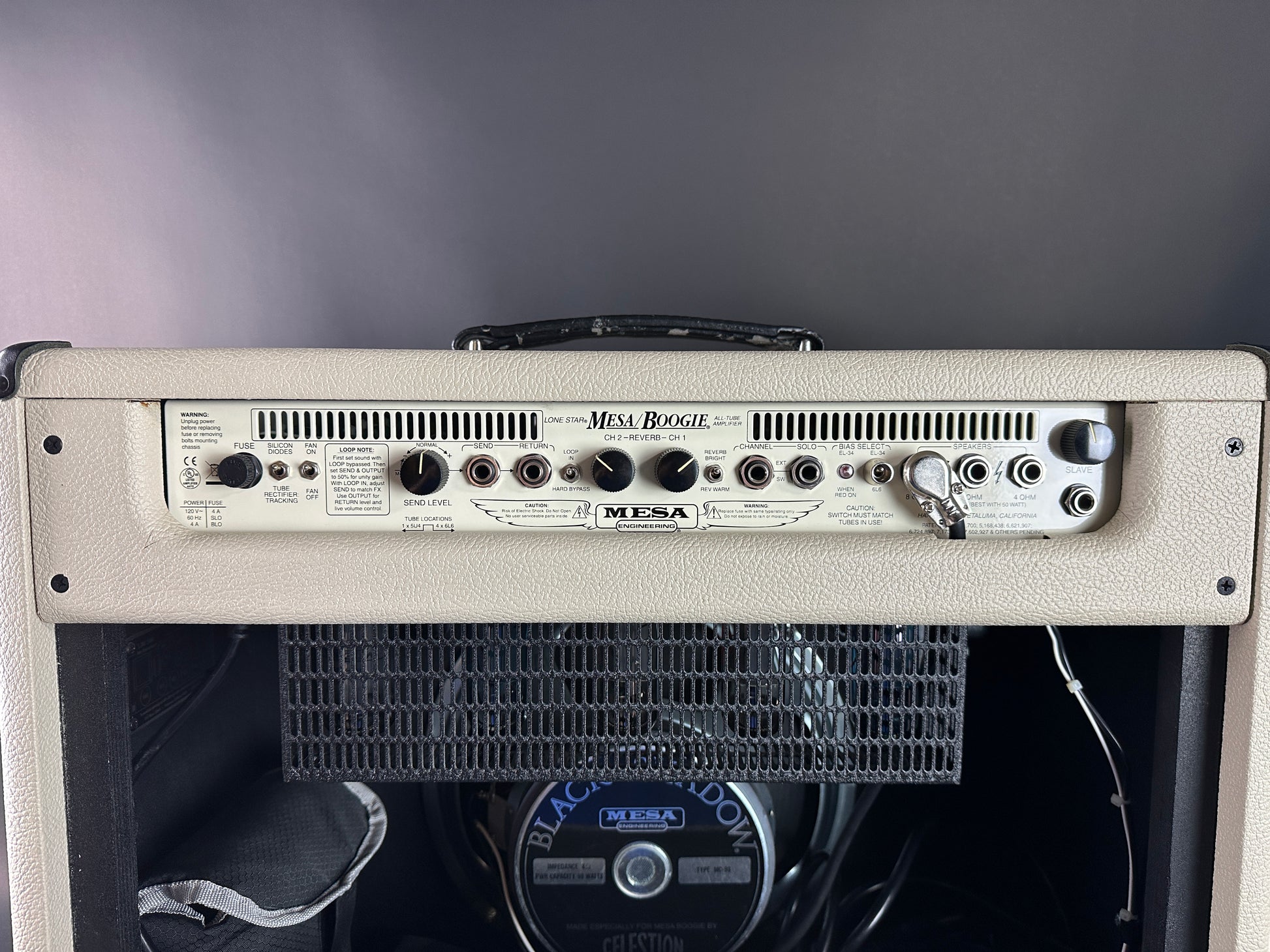 Back panel of Used 2015 Mesa Boogie Lone Star 1x12 Combo.