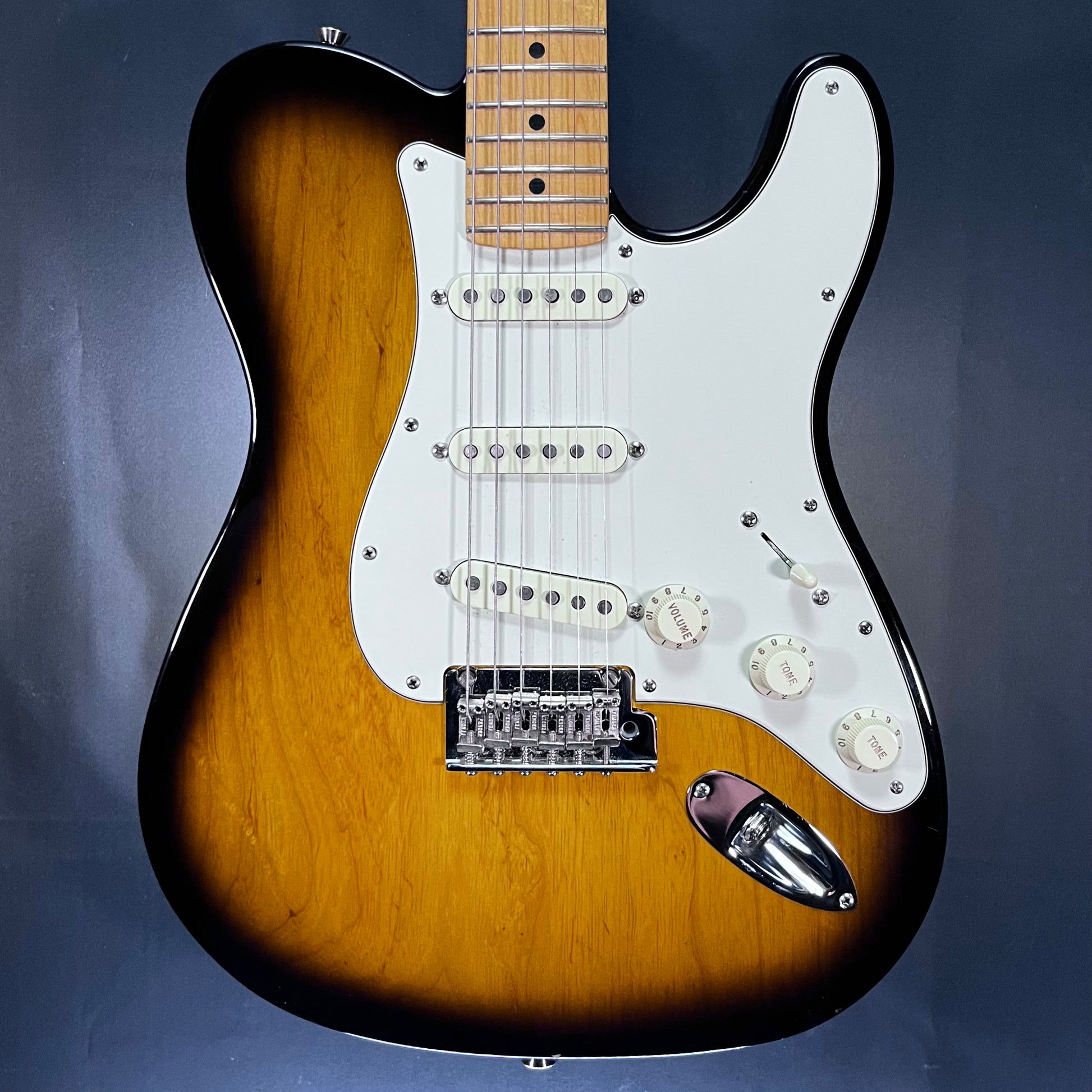 Front of Used 2017 Fender Limited Edition Strat-Tele Hybrid 2 Tone Sunburst w/Case TFW2733