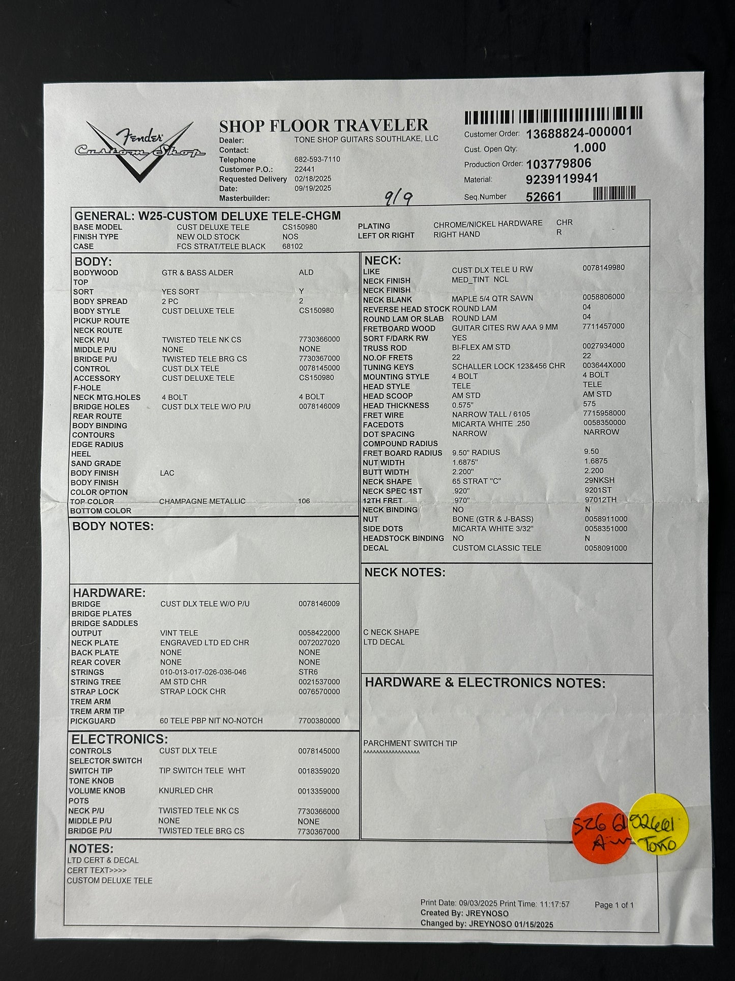 Fender Shop Traveller with text and two circular stickers on a black background