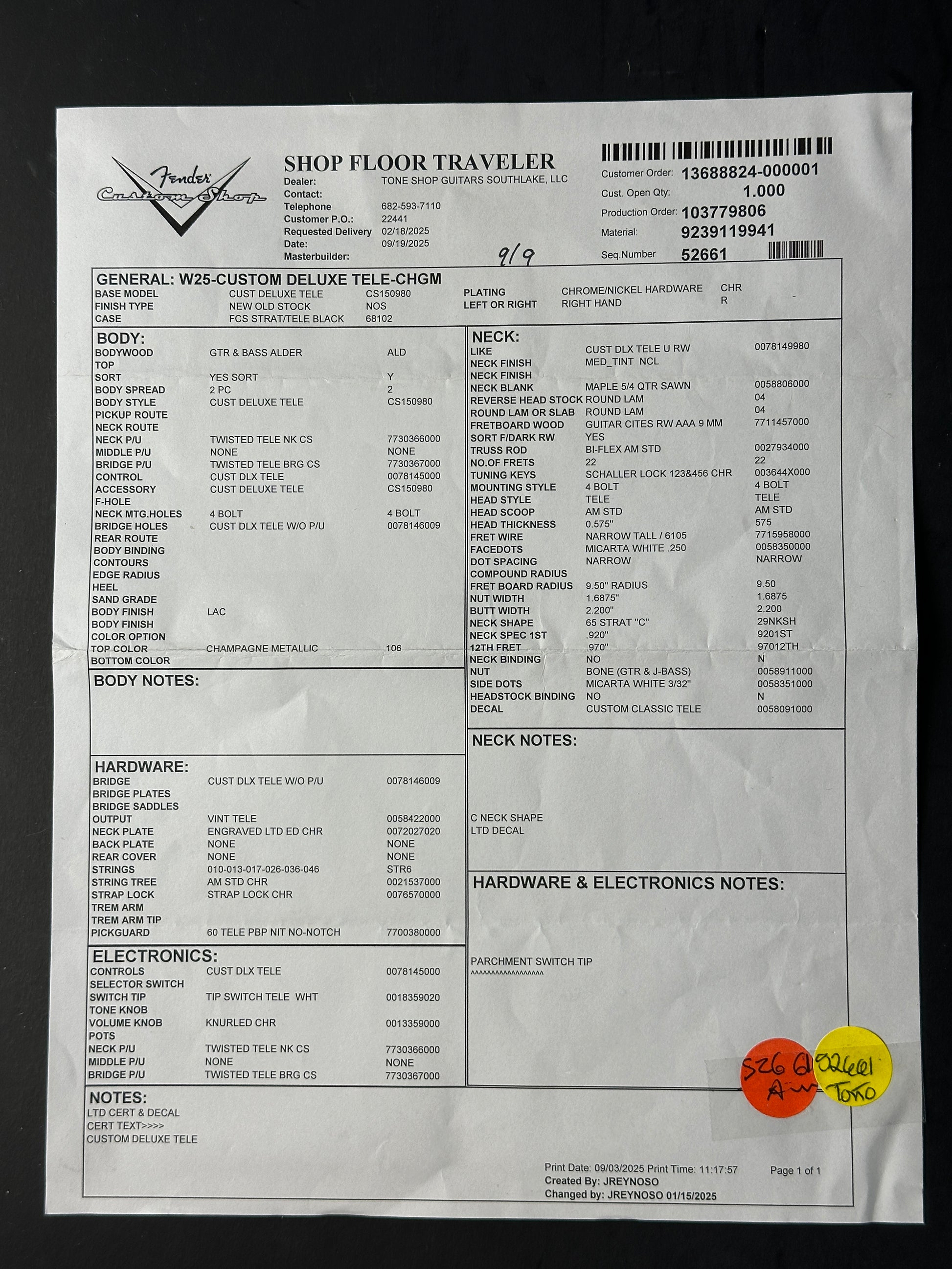 Fender Shop Traveller with text and two circular stickers on a black background