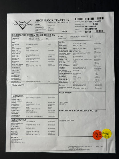 Fender Shop Traveller with text and two circular stickers on a black background