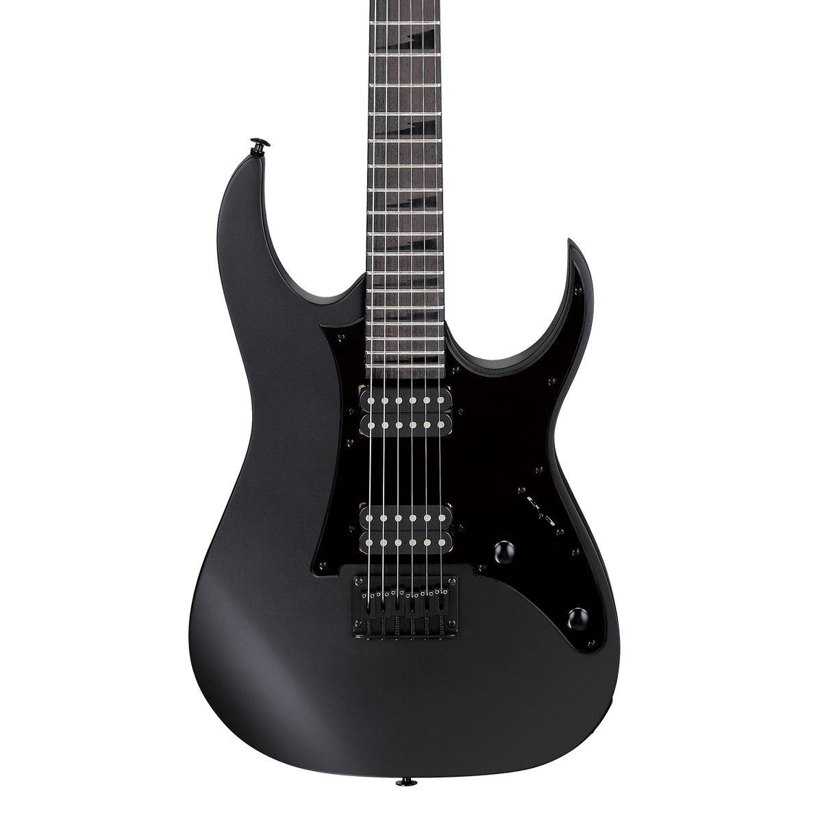 Front of Ibanez GRGR131EXBKF GIO Black Flat Electric Guitar.