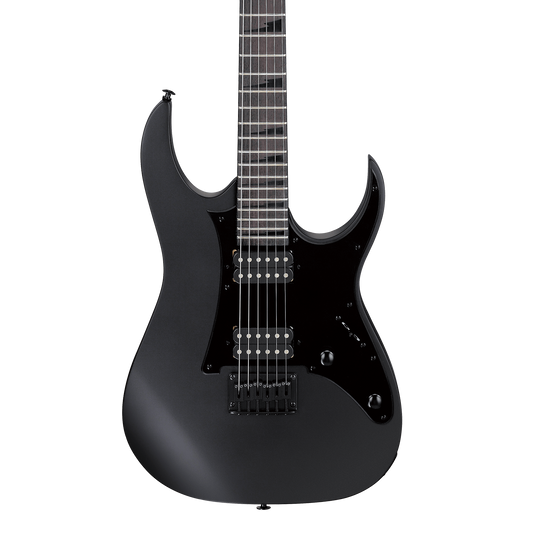 Front of Ibanez GRGR131EXBKF GIO Black Flat Electric Guitar.