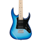 Front of Ibanez Gio GRGM21M Blue Burst Electric Guitar.