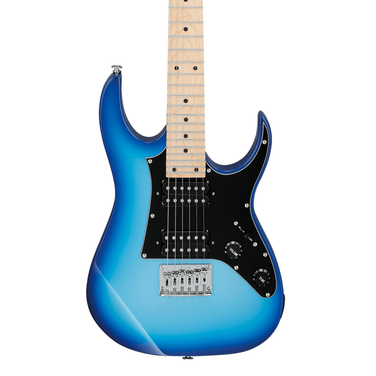 Front of Ibanez Gio GRGM21M Blue Burst Electric Guitar.