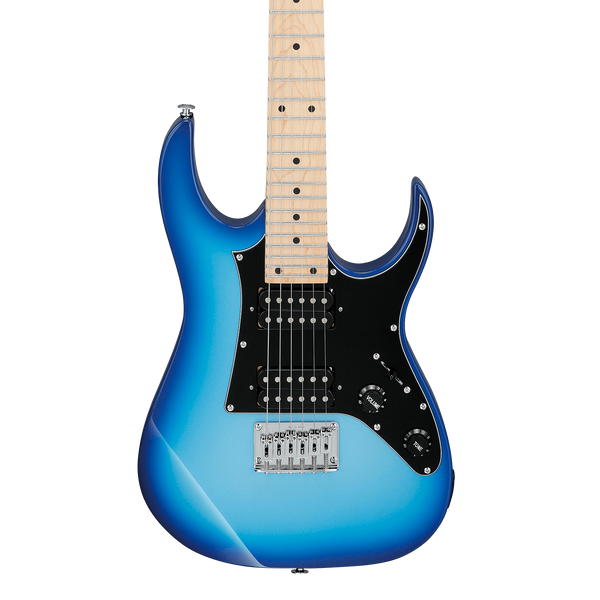 Front of Ibanez Gio GRGM21M Blue Burst Electric Guitar.