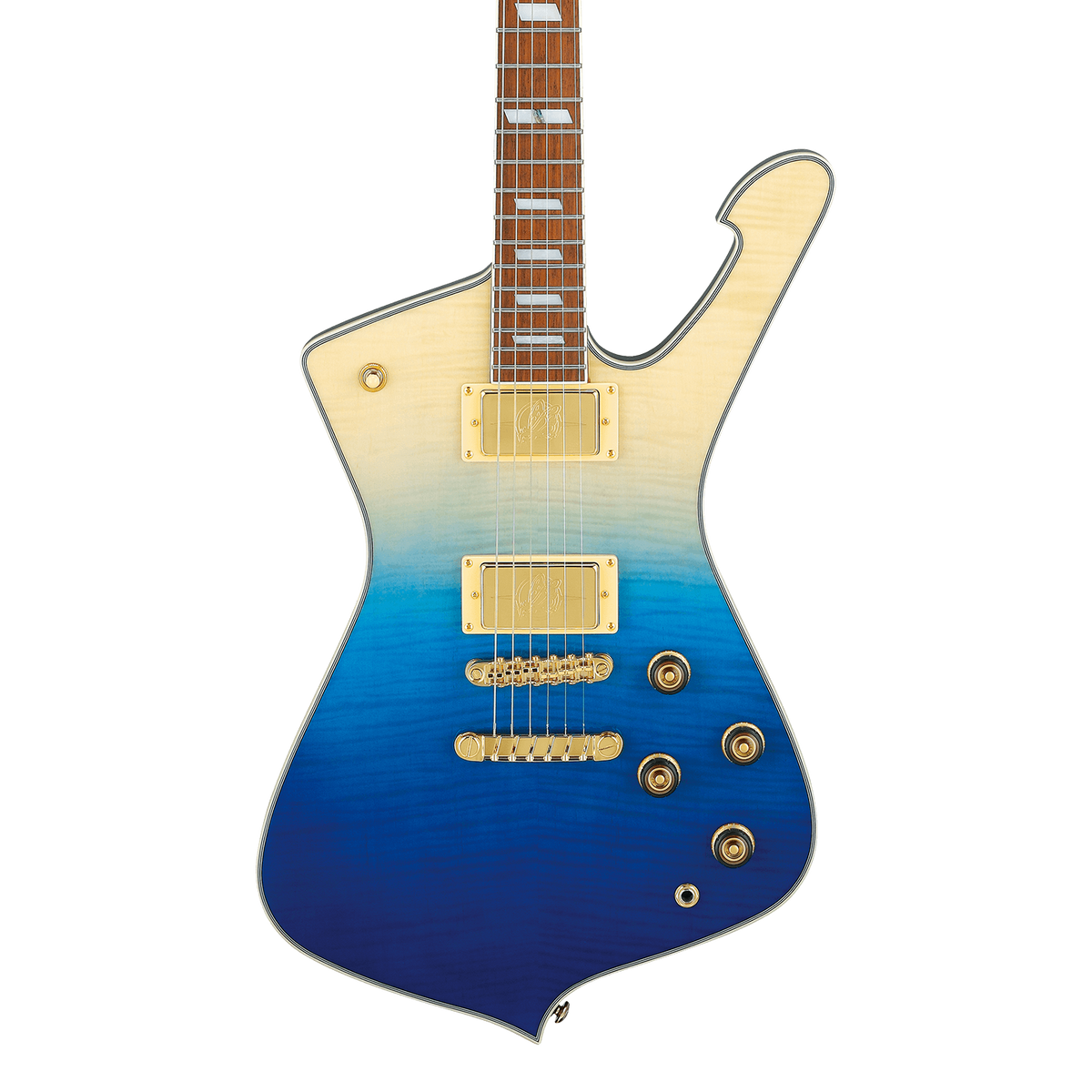 Front of Ibanez IC420FMTBG Iceman Transparent Blue Gradation.