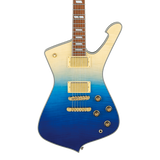 Front of Ibanez IC420FMTBG Iceman Transparent Blue Gradation.