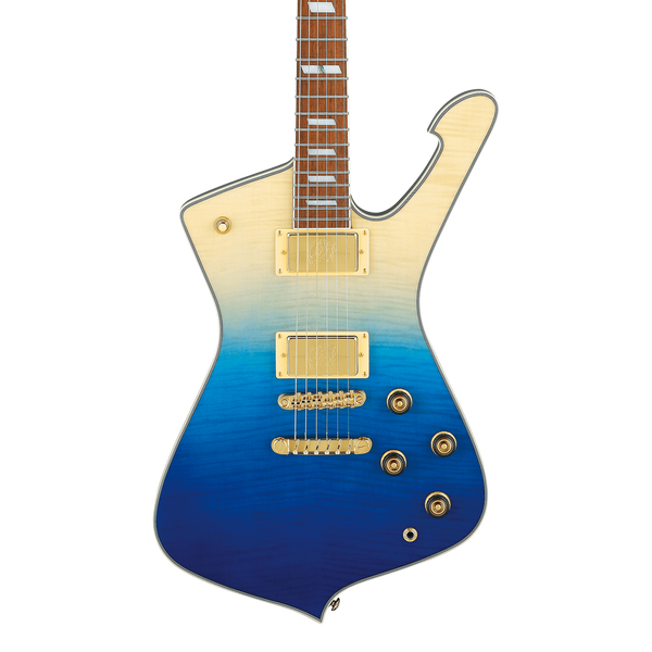 Front of Ibanez IC420FMTBG Iceman Transparent Blue Gradation.