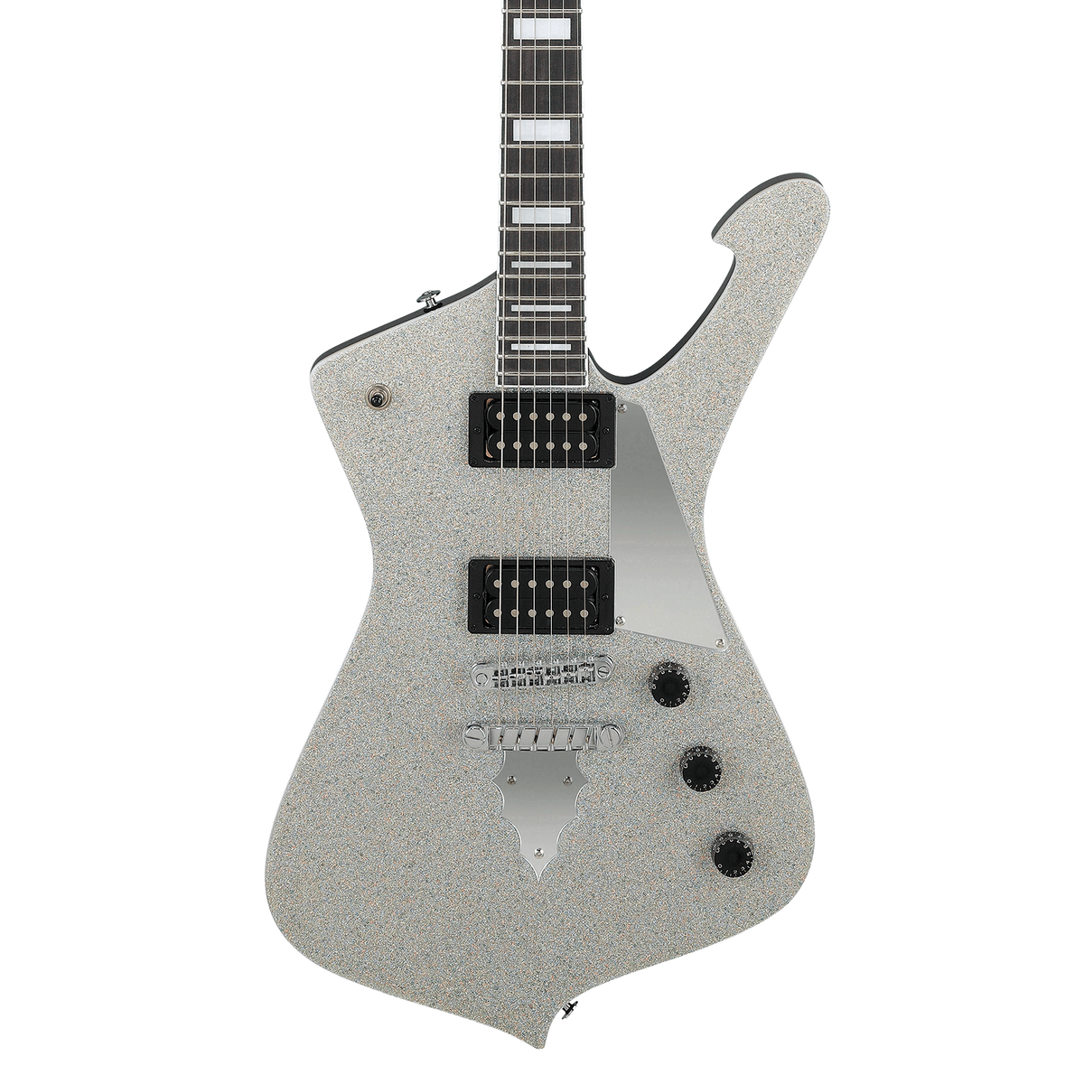 Front of Ibanez PS60 Paul Stanley Signature Silver Sparkle.