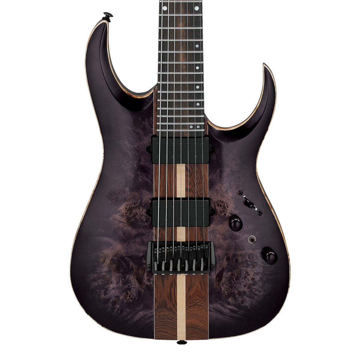 Front of Ibanez RGA Premium 7str Electric Guitar Deep Twilight Burst Low Gloss.