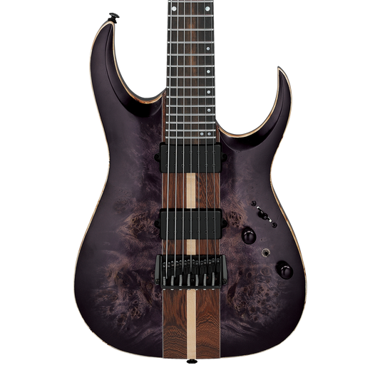 Front of Ibanez RGA Premium 7str Electric Guitar Deep Twilight Burst Low Gloss.