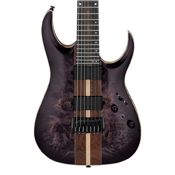 Front of Ibanez RGA Premium 7str Electric Guitar Deep Twilight Burst Low Gloss.