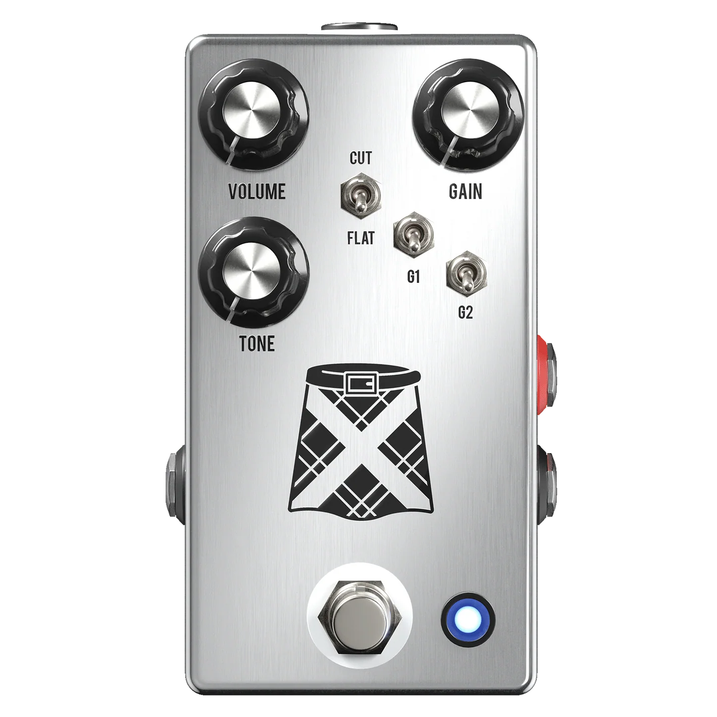 Guitar effects pedal with control knobs and footswitch on a white background