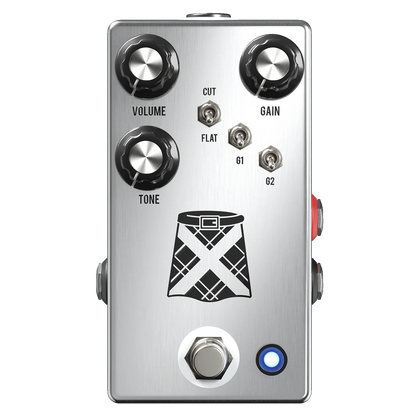 Guitar effects pedal with control knobs and footswitch on a white background