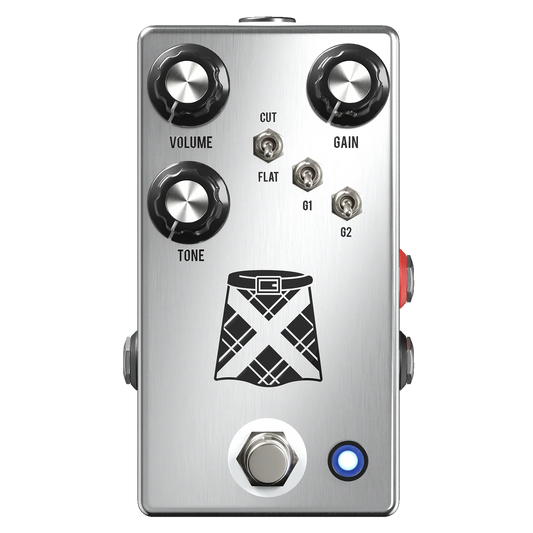 Guitar effects pedal with control knobs and footswitch on a white background