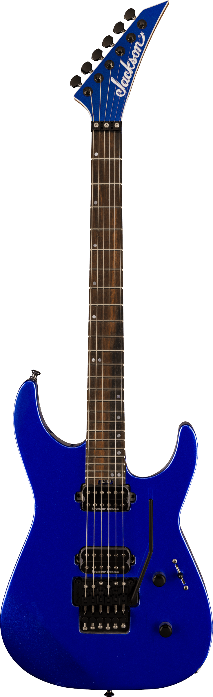 Full frontal of Jackson American Series DK Virtuoso Streaked Ebony Fingerboard Mystic Blue.
