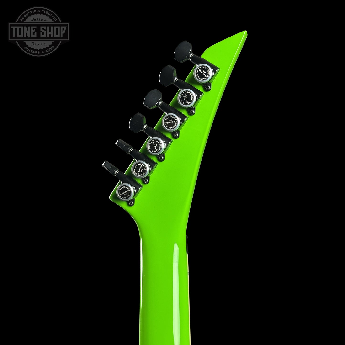 Back of Jackson Custom Shop TSG Illuminati SL2H FR  Kawasabi Green headstock.