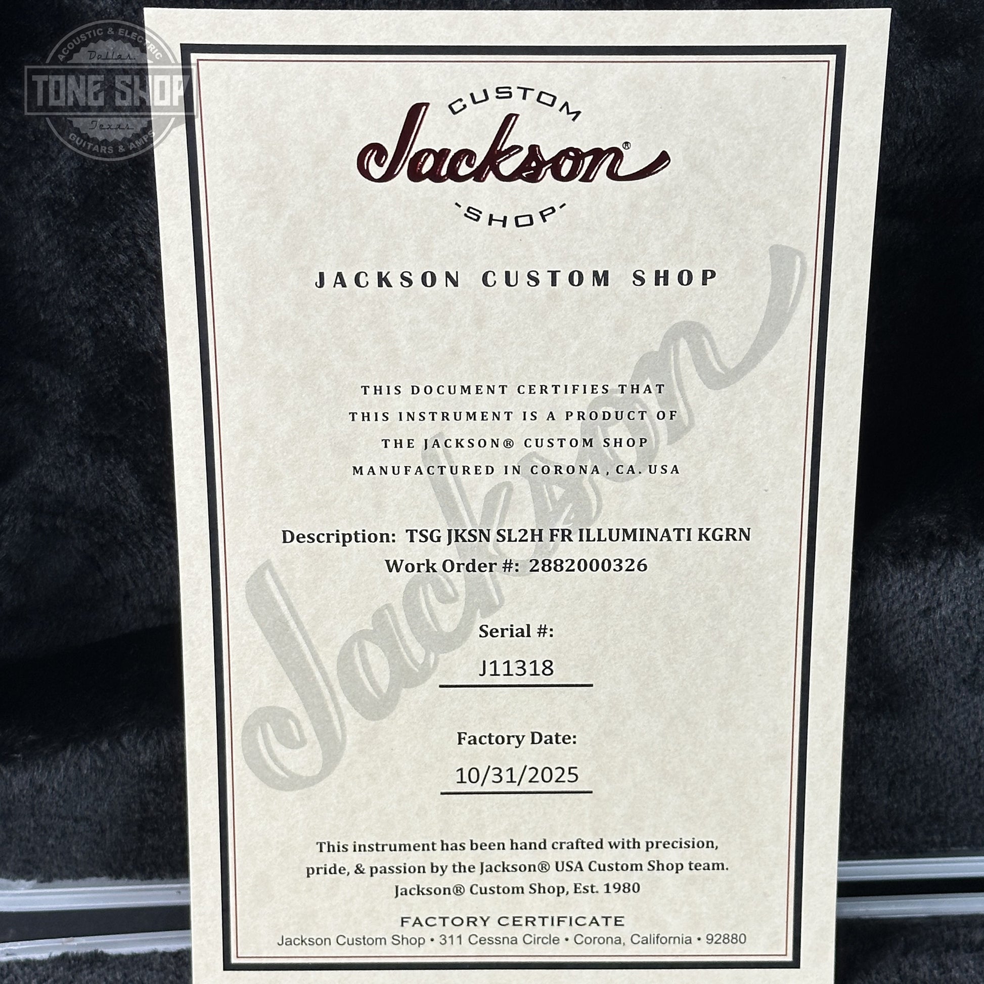 Certificate Of Authenticity for Jackson Custom Shop TSG Illuminati SL2H FR  Kawasabi Green.