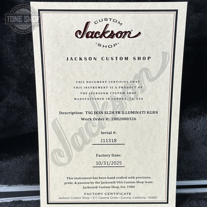 Certificate Of Authenticity for Jackson Custom Shop TSG Illuminati SL2H FR  Kawasabi Green.