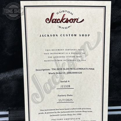 Certificate of Authenticity for Jackson Custom Shop TSG Illuminati SL2H FR  Neon Pink J11328. 