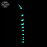 Front of neck and headstock glowing in the dark of Jackson Custom Shop TSG Illuminati SL2H FR Vanilla Shake wcase J11274.