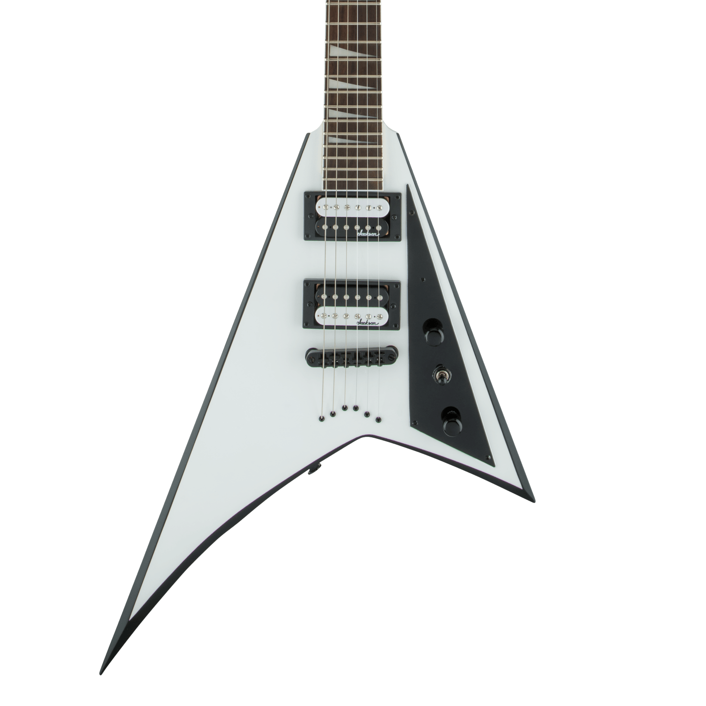Front of Jackson JS Series Rhoads JS32T White Black Bevel.