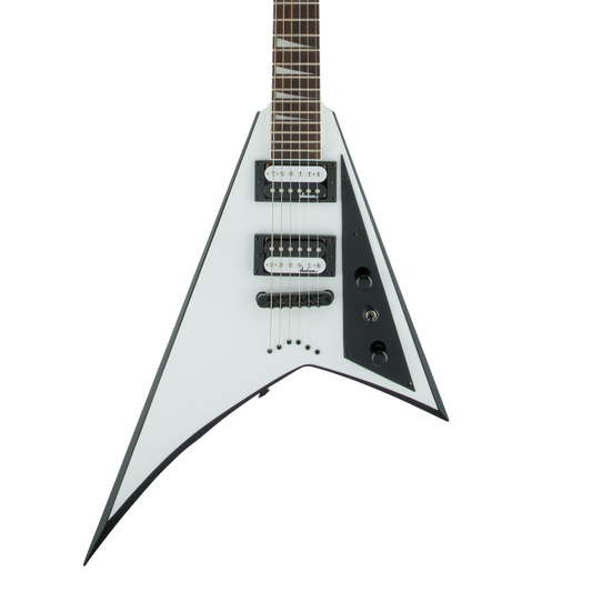 Front of Jackson JS Series Rhoads JS32T White Black Bevel.
