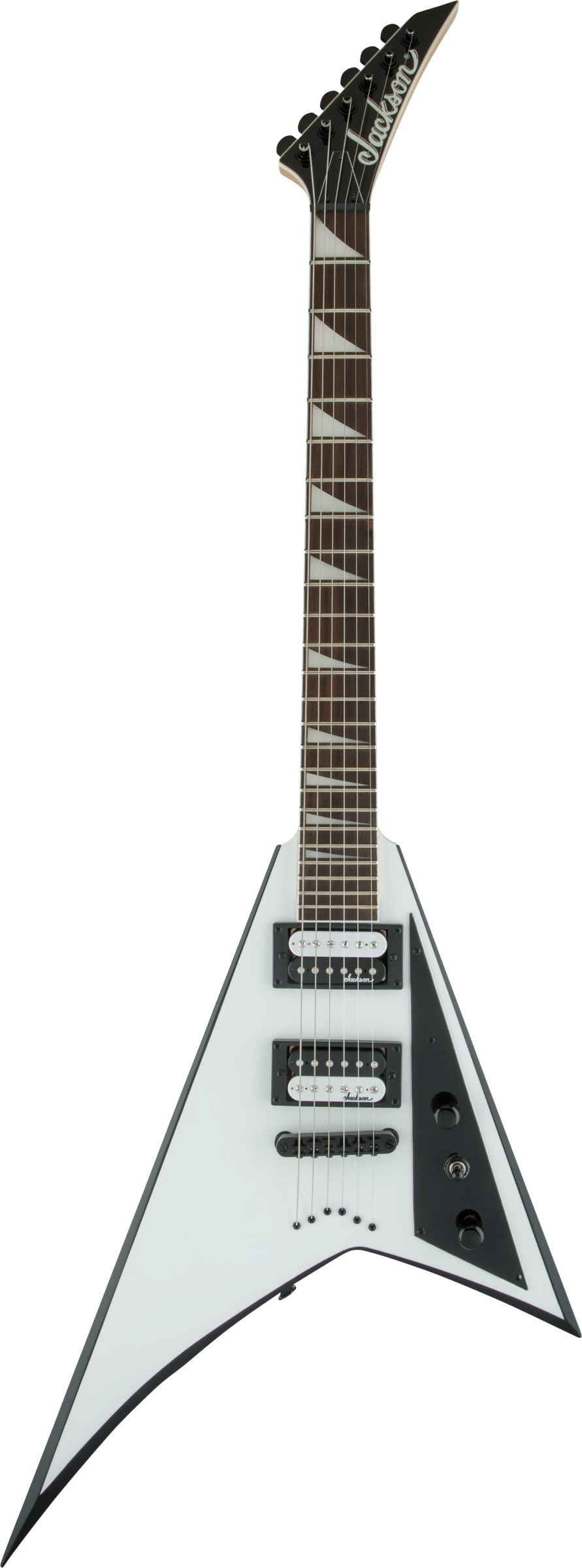 Full frontal of Jackson JS Series Rhoads JS32T White Black Bevel.