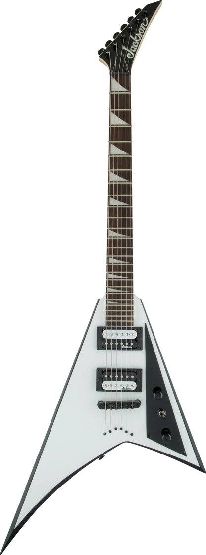 Full frontal of Jackson JS Series Rhoads JS32T White Black Bevel.