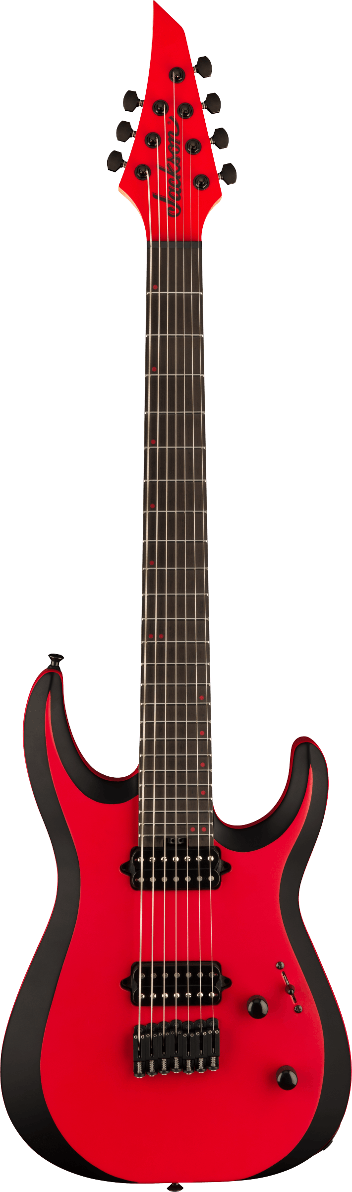 Full frontal of Jackson MDK7 Pro Plus Series DK Modern HT Ebony Fingerboard Satin Red with Black bevels.