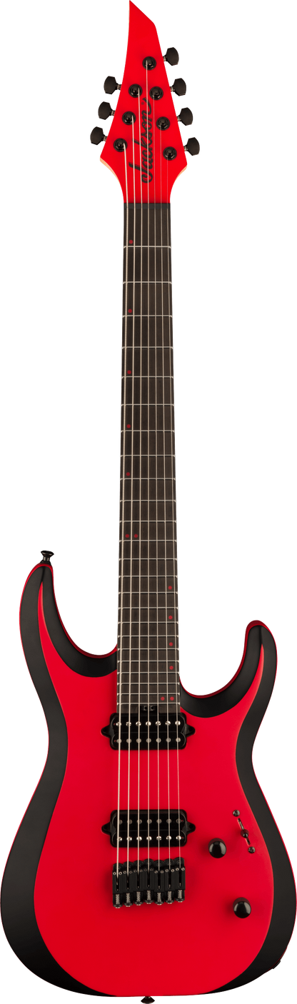 Full frontal of Jackson MDK7 Pro Plus Series DK Modern HT Ebony Fingerboard Satin Red with Black bevels.