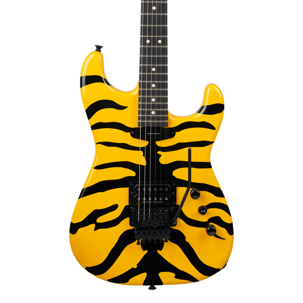Front of Jackson Pro Origins 1985 Limited Edition San Dimas SD1 HH FR Yellow Bengal.