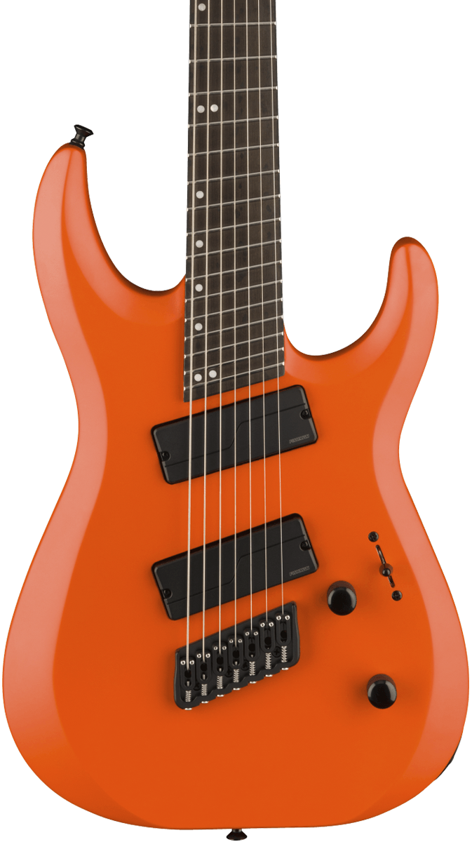 Front of Jackson Pro Plus Series DK Modern HT7 MS Ebony Fingerboard Satin Orange Crush.