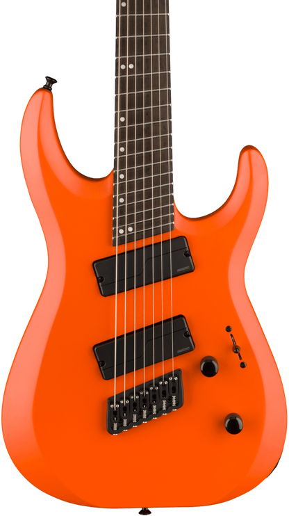 Front of Jackson Pro Plus Series DK Modern HT7 MS Ebony Fingerboard Satin Orange Crush.