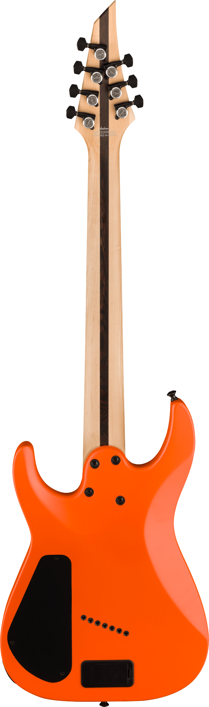 Back of Jackson Pro Plus Series DK Modern HT7 MS Ebony Fingerboard Satin Orange Crush.