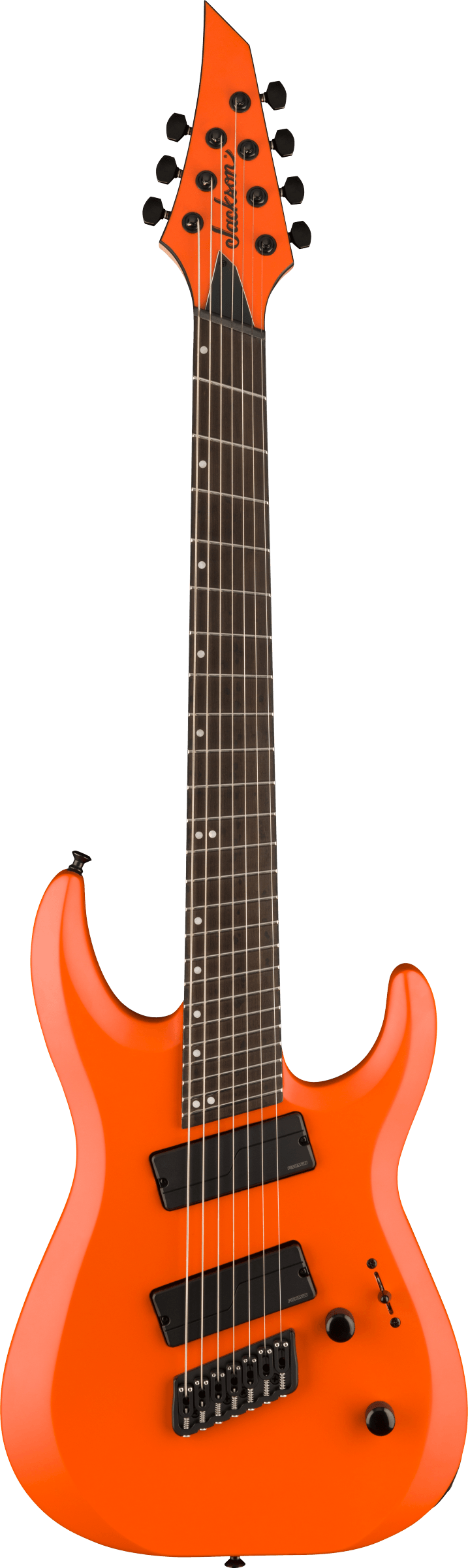 Full frontal of Jackson Pro Plus Series DK Modern HT7 MS Ebony Fingerboard Satin Orange Crush.