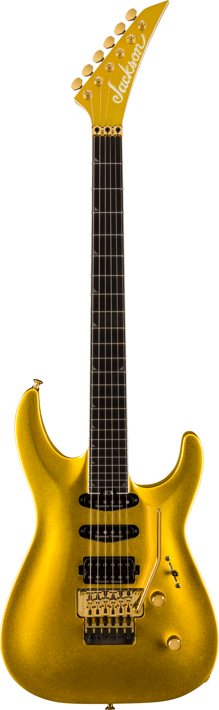 Full frontal of Jackson Pro Plus Series Soloist SLA3 Ebony Fingerboard Gold Bullion.