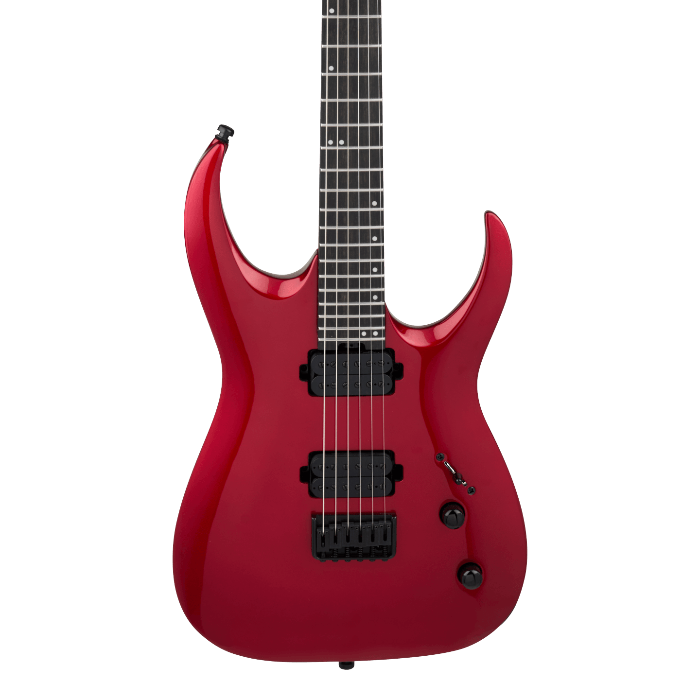 Front of Jackson Pro Series Misha Mansoor Juggernaut HT6 Ebony Red Crystal.