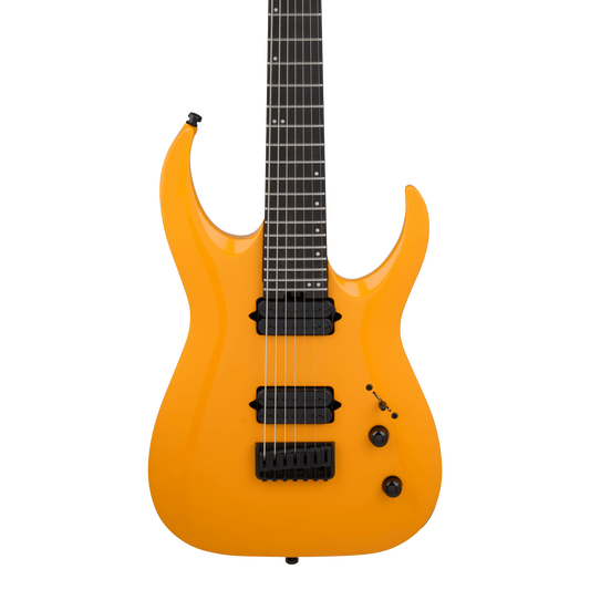 Front of Jackson Pro Series Misha Mansoor Juggernaut HT7 Ebony Signal Yellow.