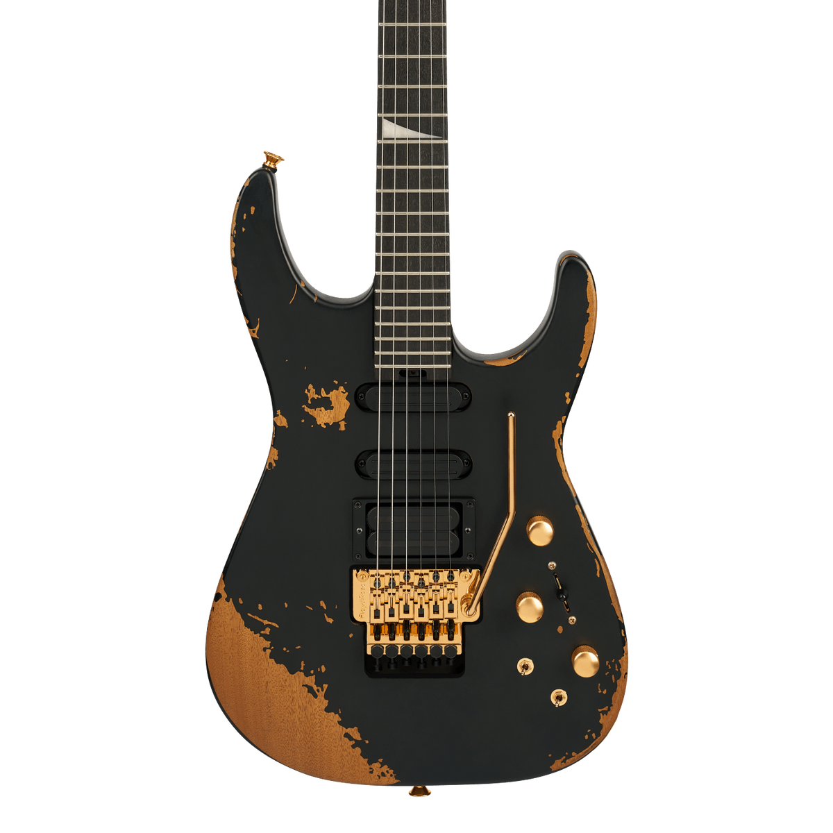 Front of Jackson Pro Series Signature Phil Collen PC1-E Ebony Worn Black.
