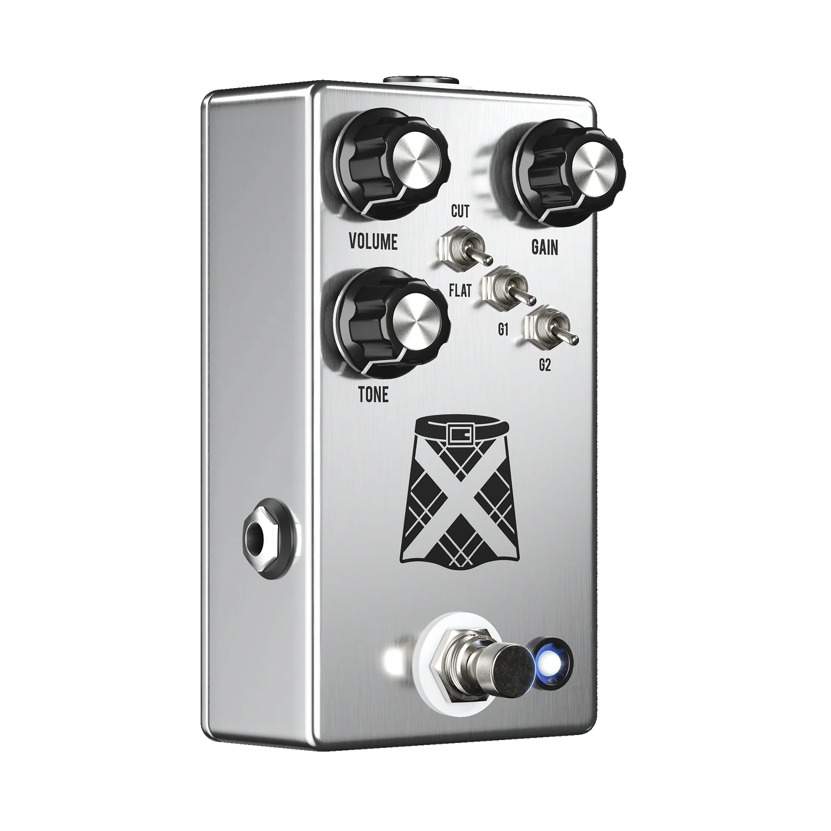 Guitar effects pedal with control knobs and a logo on a white background