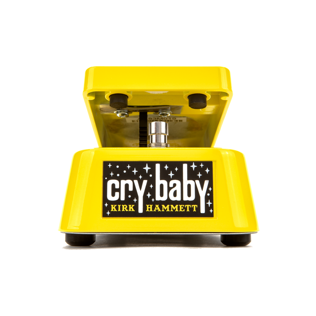 Front of Dunlop KH95Y Kirk Hammett Cry Baby Wah Yellow Sparkle Edition.