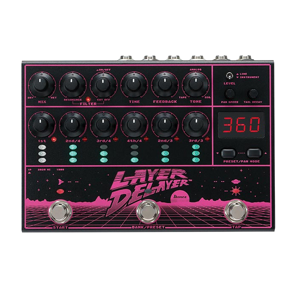 Ibanez Layer Delay guitar effects pedal with digital display and control knobs on a white background